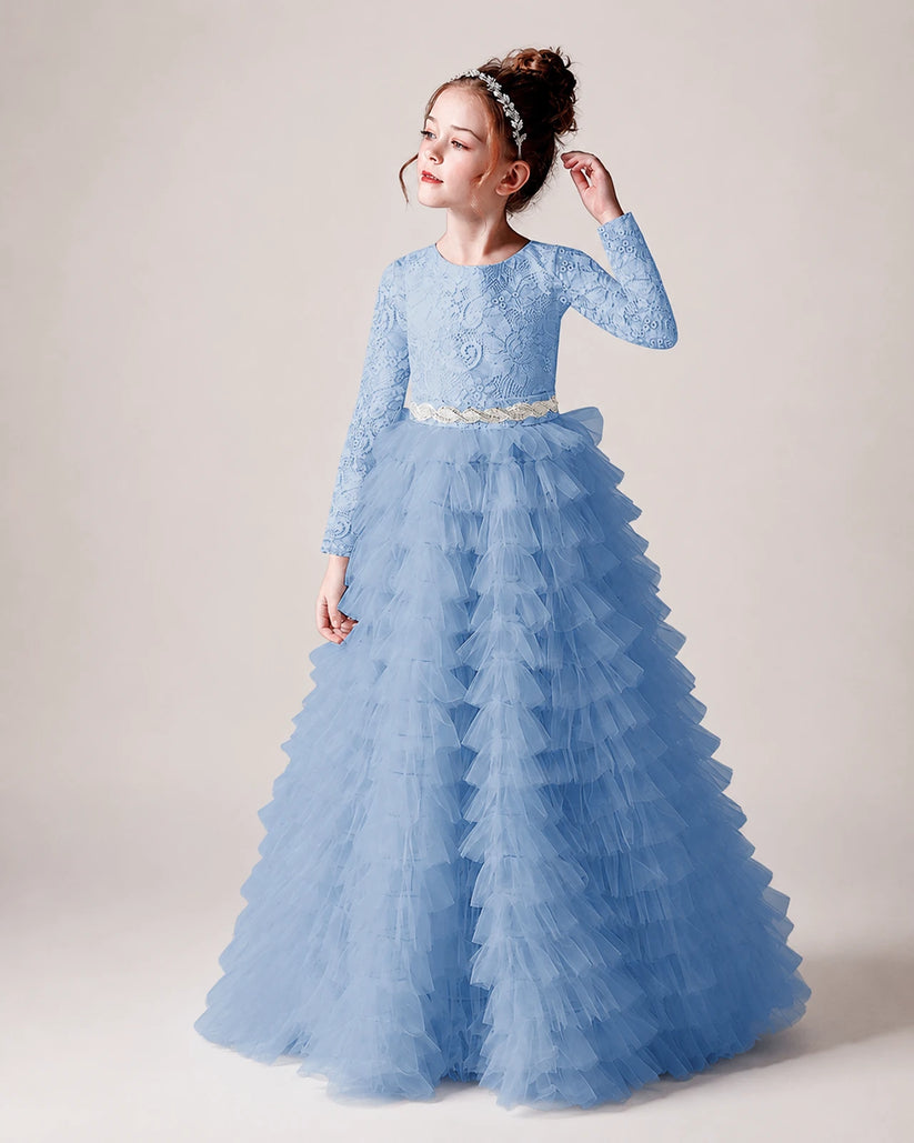 Sky Blue Lace Ball Gown Pageant Dress Front View