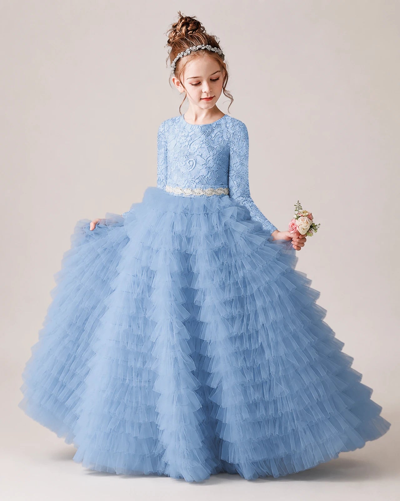Sky Blue Front Tiered Long Sleeve Flower Girl Dress