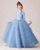 Sky Blue Lace Ball Gown Pageant Dress Front View