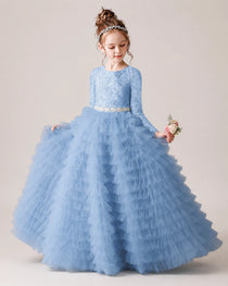 Sky Blue Front Tiered Long Sleeve Flower Girl Dress