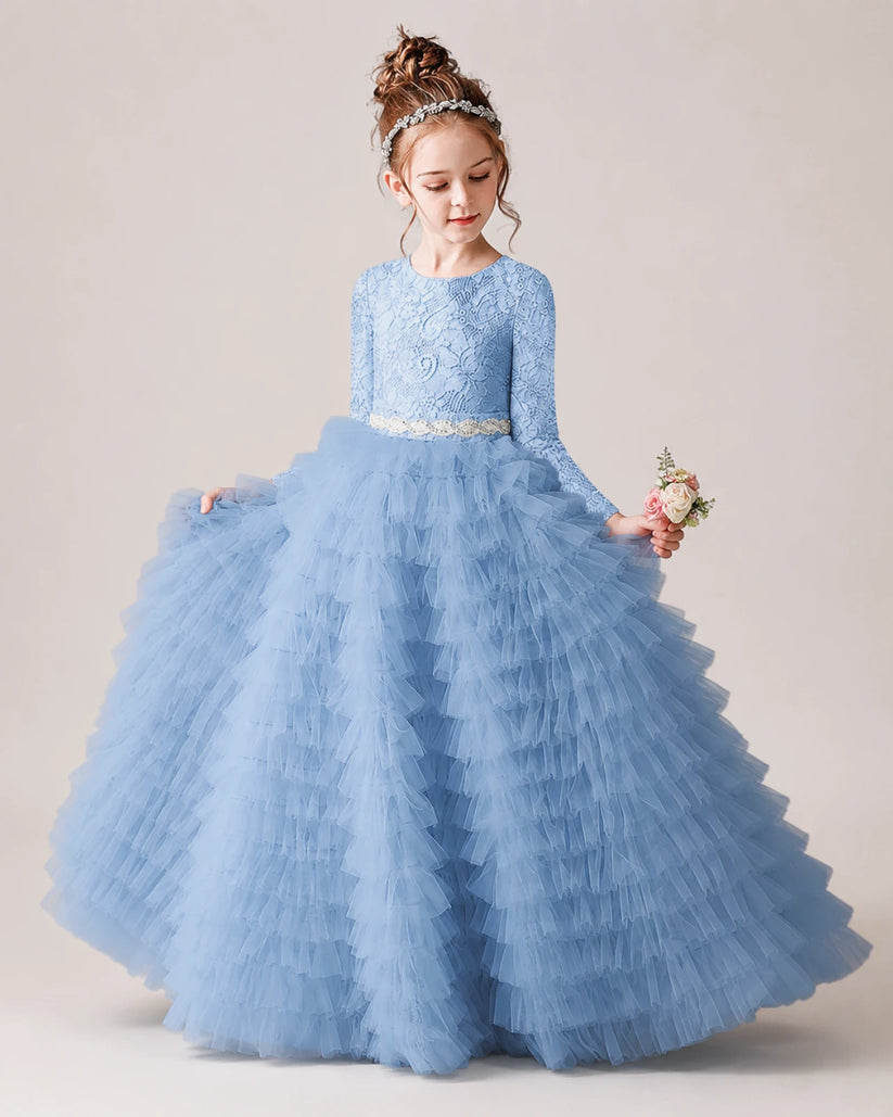 Sky Blue Lace Ball Gown Pageant Dress Front View