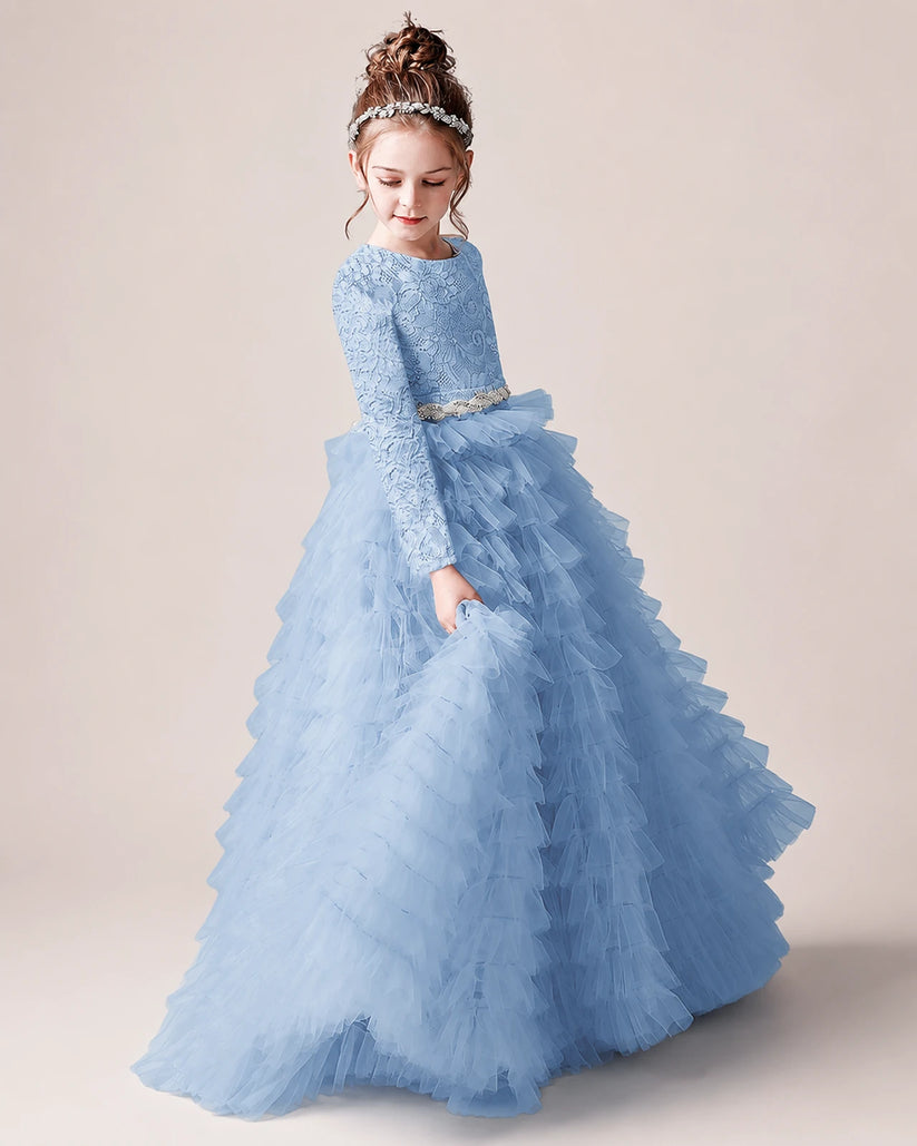 Sky Blue Tulle Ball Gown Pageant Dress Front View