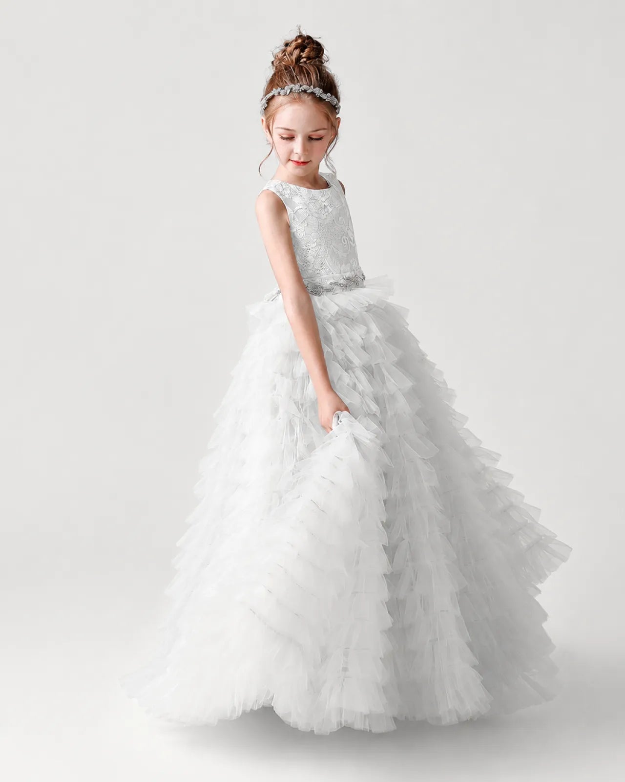 White Tulle Ball Gown Girls Formal Dress Side View