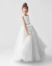 White Side Tiered Flower Girl Dress