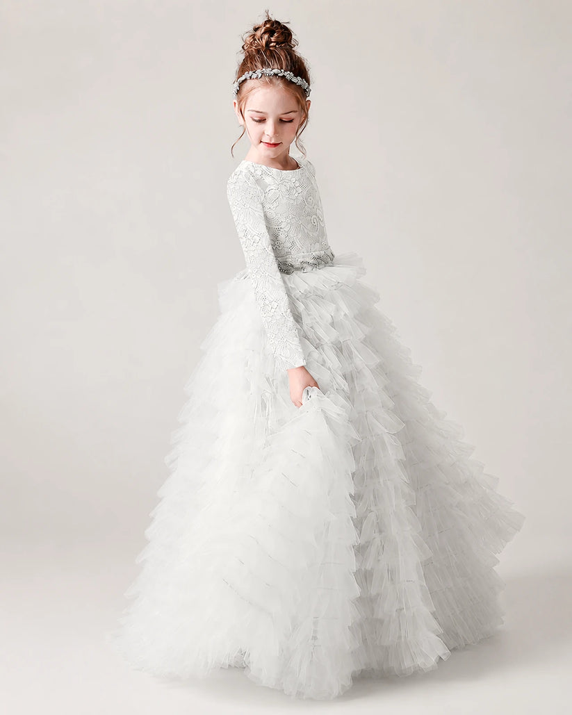 White Lace Ball Gown Pageant Dress Front View