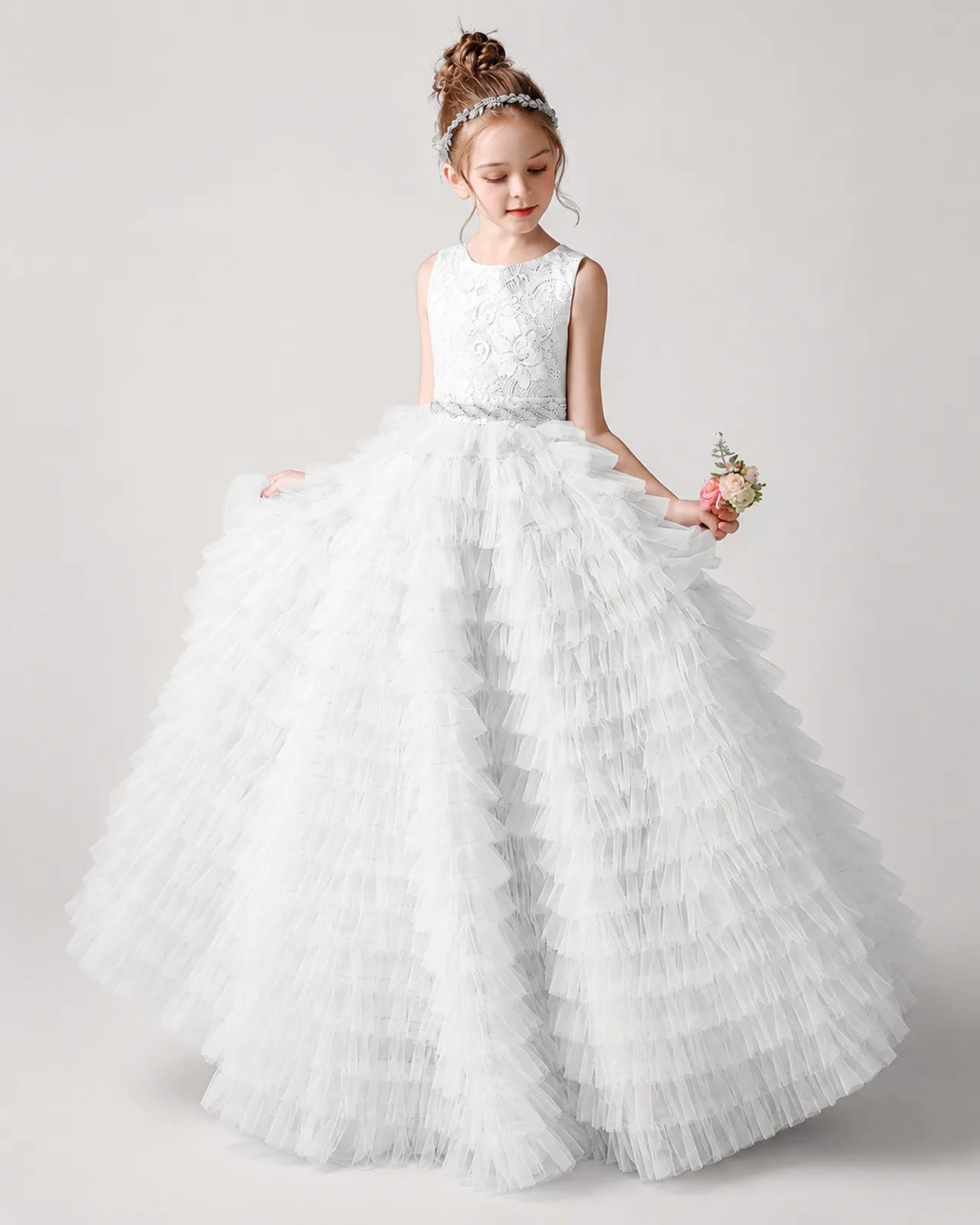 White Lace Ball Gown Girls Formal Dress Front View