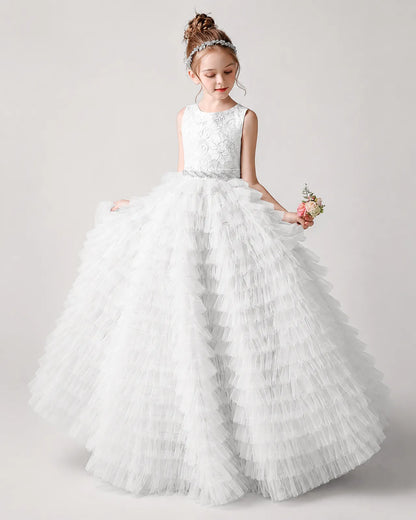 White Lace Ball Gown Girls Formal Dress Front View