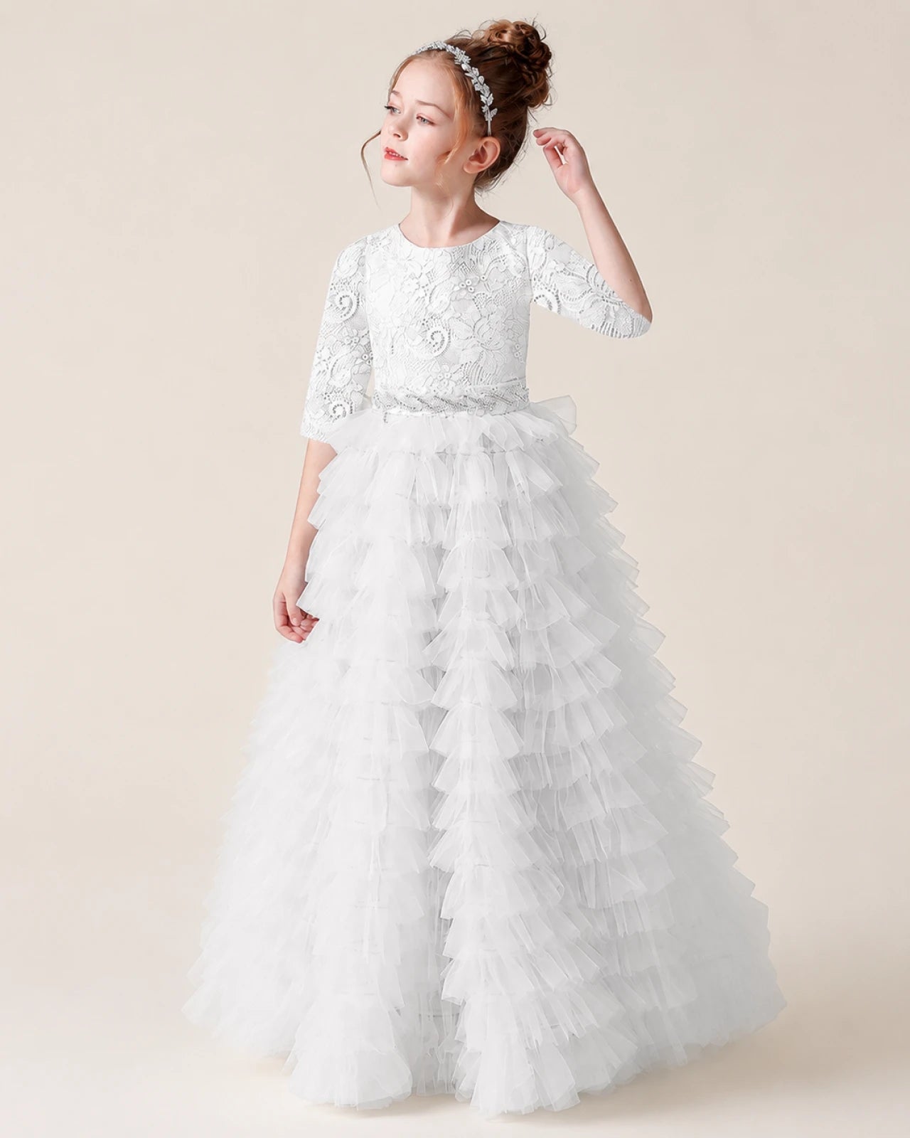 White Lace Ball Gown Pageant Dress Front View