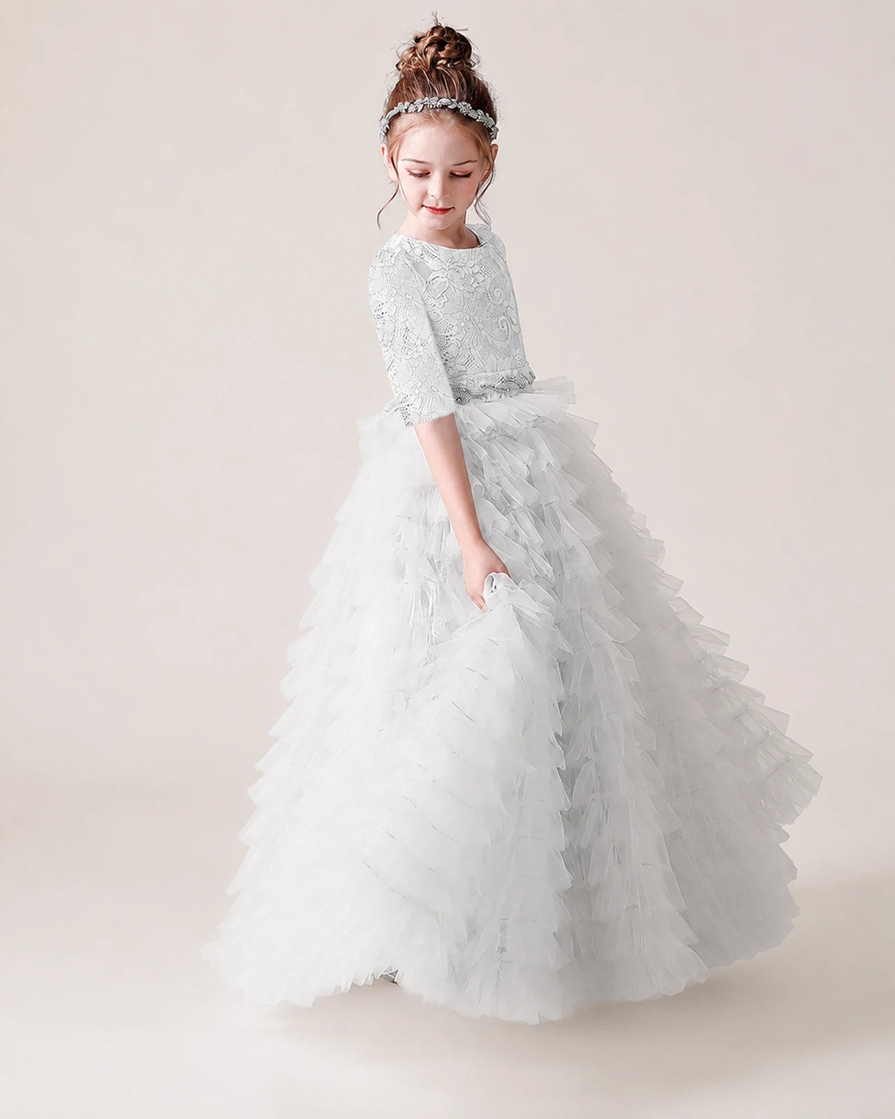 White Lace Ball Gown Pageant Dress Side View