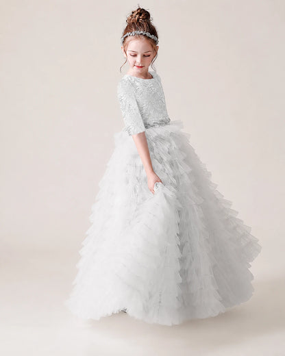 White Lace Ball Gown Pageant Dress Side View