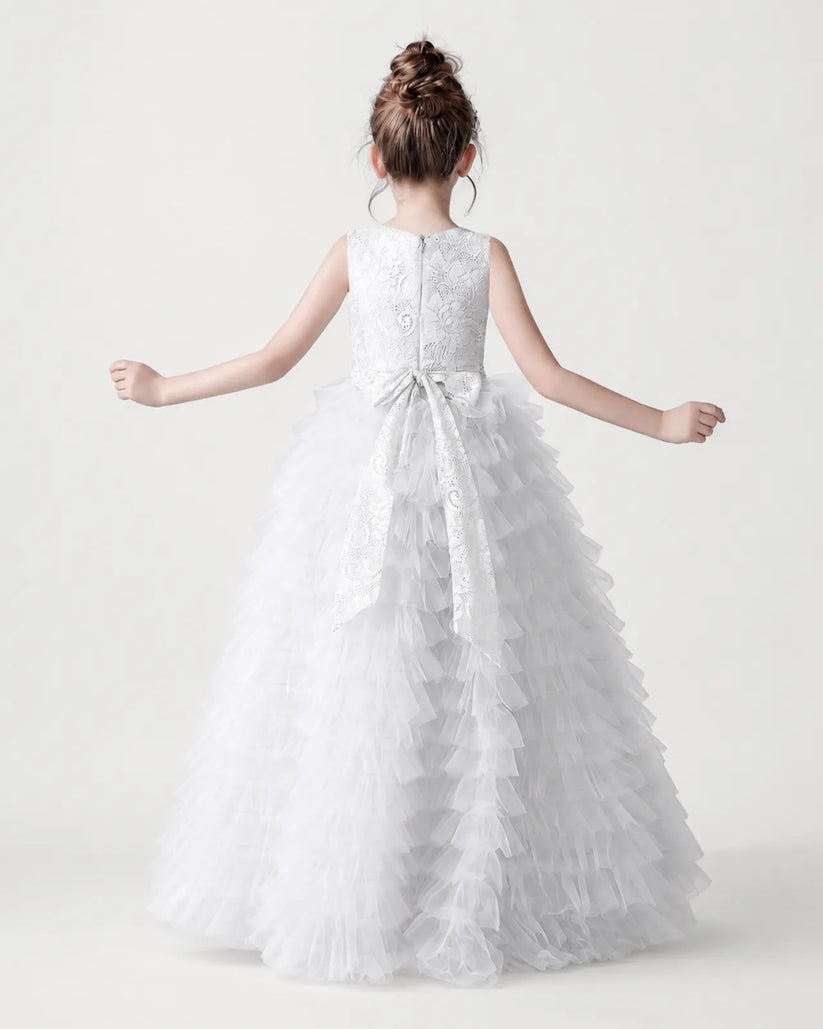 White Tulle Ball Gown Girls Formal Dress Back View