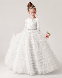 Dideyttawl White Flower Girl Dress Long Sleeve Lace Tiered Tulle Ball Gown