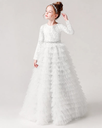 Dideyttawl Dusty Rose Flower Girl Dress Long Sleeve Lace Bodice Tiered Tulle Princess Ball Gown
