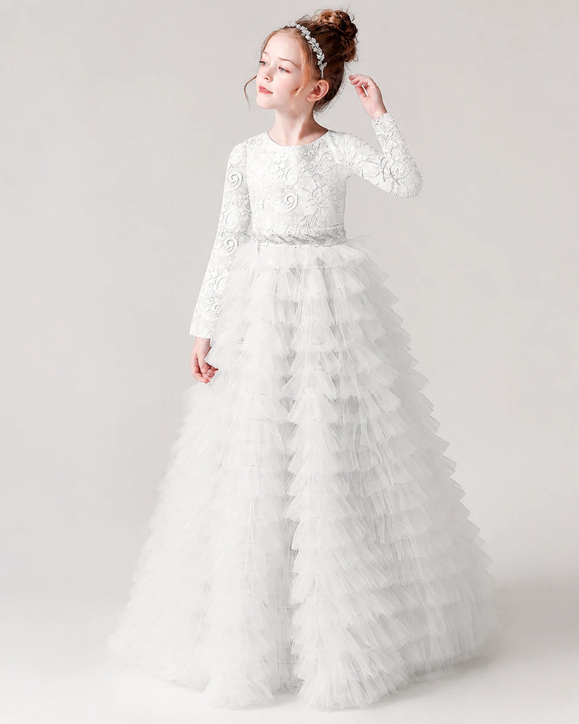 White Lace A-line Pageant Dress Front View
