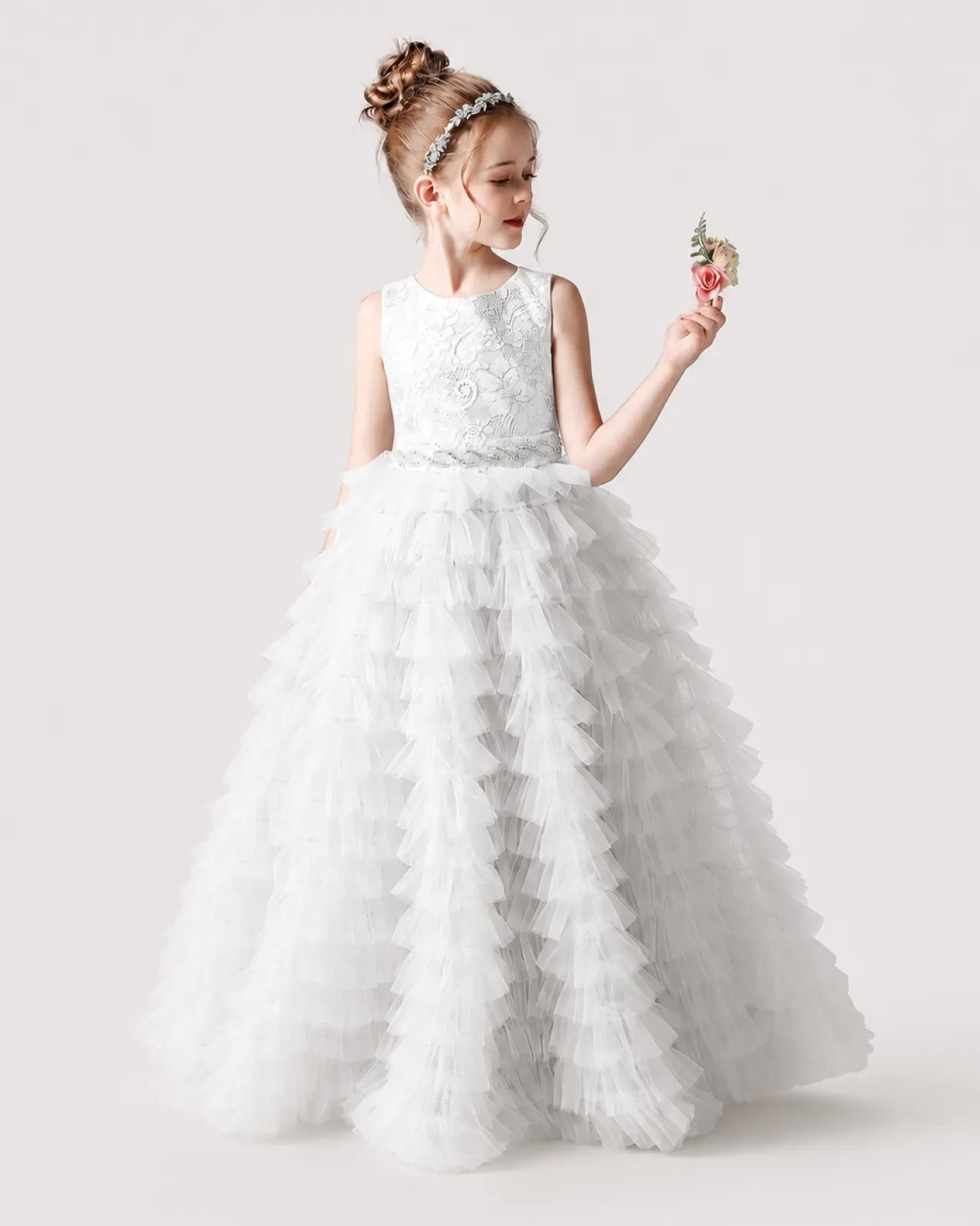 White Tulle Ball Gown Girls Formal Dress Front View
