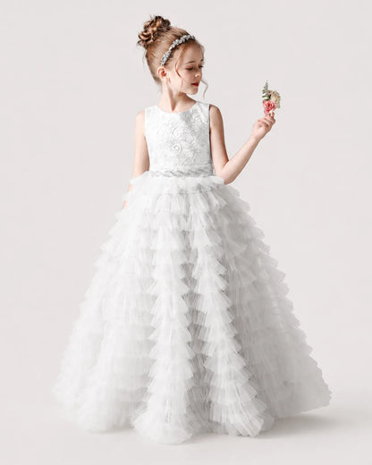 White Tulle Ball Gown Girls Formal Dress Front View