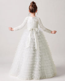 Dideyttawl White Flower Girl Dress Long Sleeve Lace Tiered Tulle Ball Gown