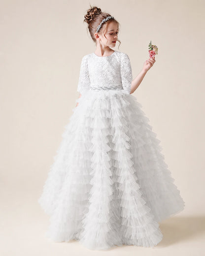 White Lace Ball Gown Pageant Dress Side View