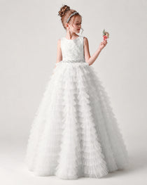 Dideyttawl White Flower Girl Dress Long Sleeve Lace Tiered Tulle Ball Gown