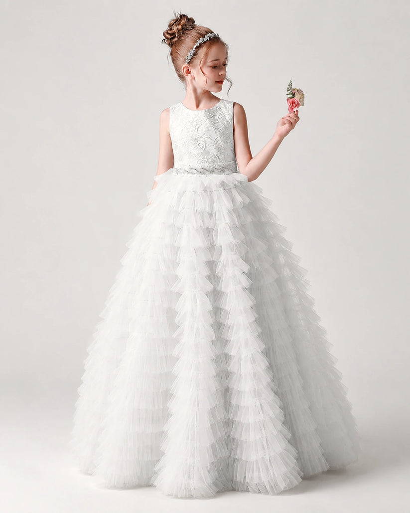 White Tulle Ball Gown Pageant Dress Front View