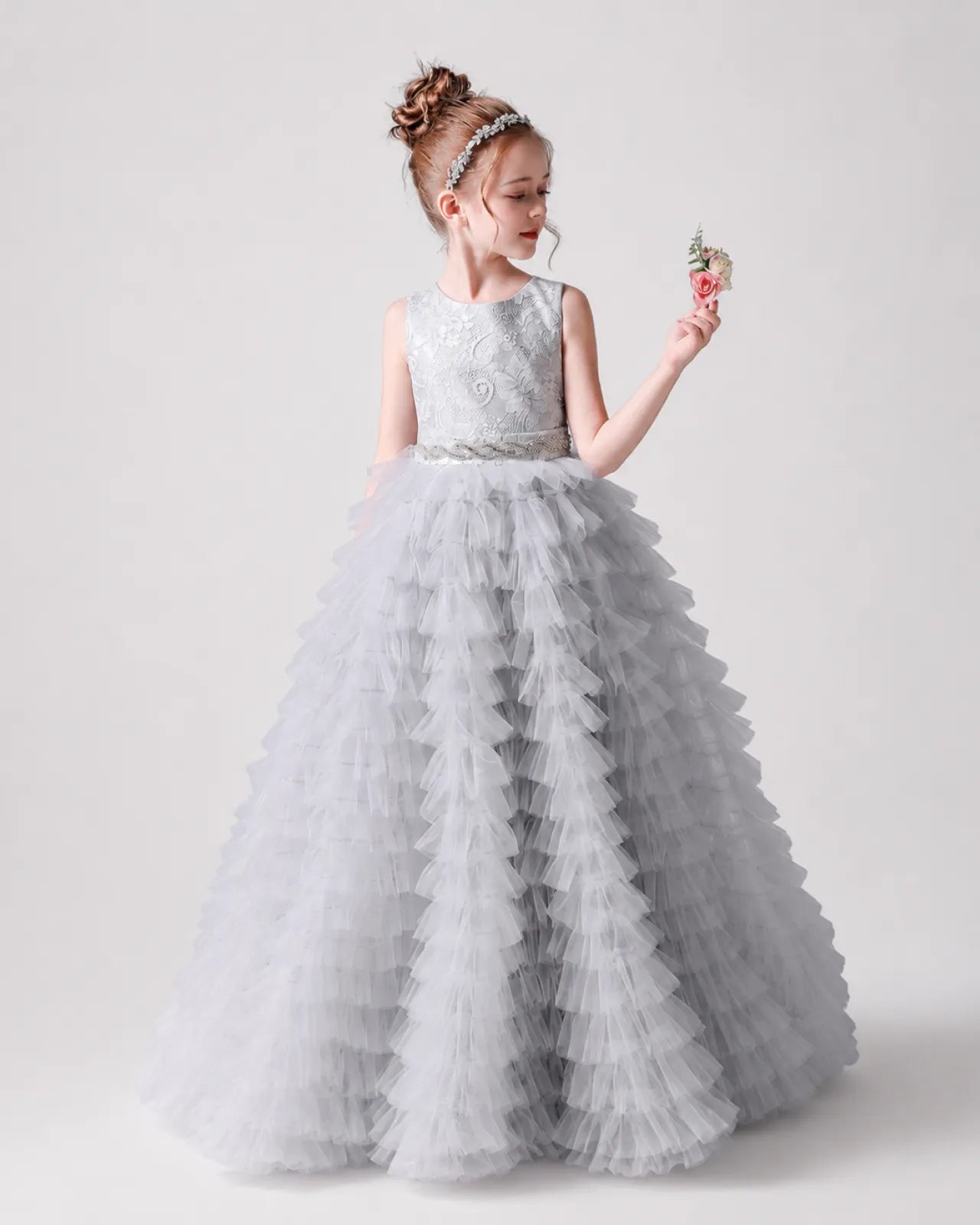 Grey Tulle Ball Gown Girls Formal Dress Side View