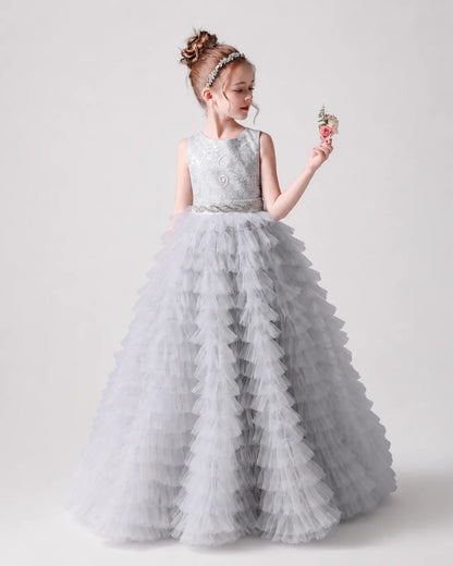 Grey Tulle Ball Gown Girls Formal Dress Side View