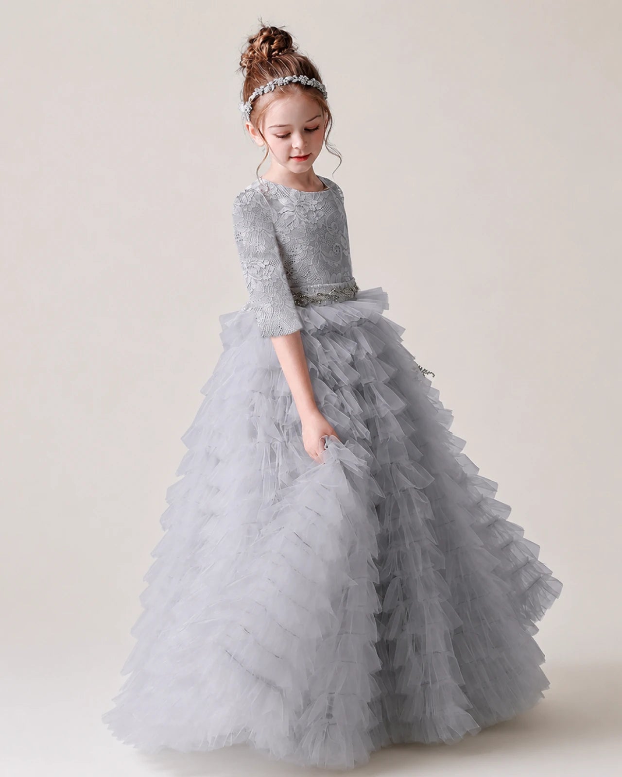 Grey Lace Ball Gown Pageant Dress Front View
