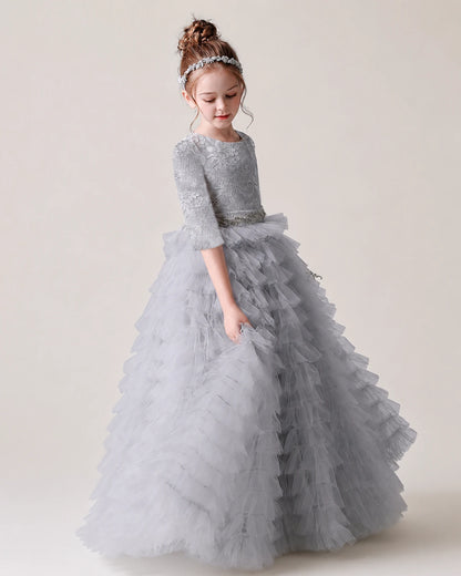 Grey Lace Ball Gown Pageant Dress Front View