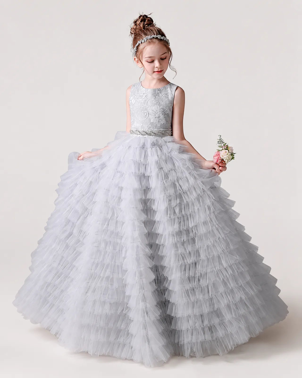 Grey Tulle Ball Gown Girls Formal Dress Front View