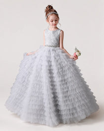 Silver Front Tiered Flower Girl Dress