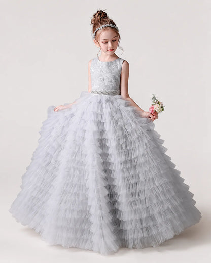 Grey Tulle Ball Gown Girls Formal Dress Front View