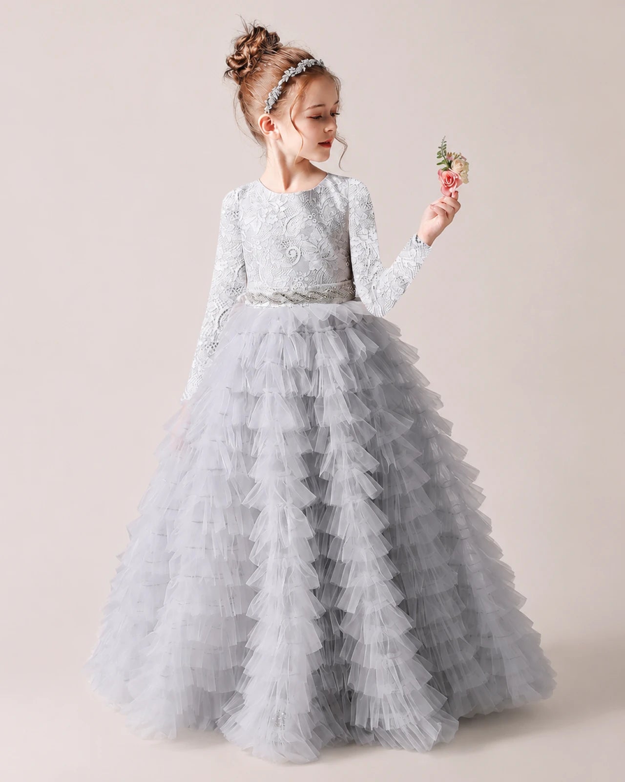 Silver Front Tiered Long Sleeve Flower Girl Dress