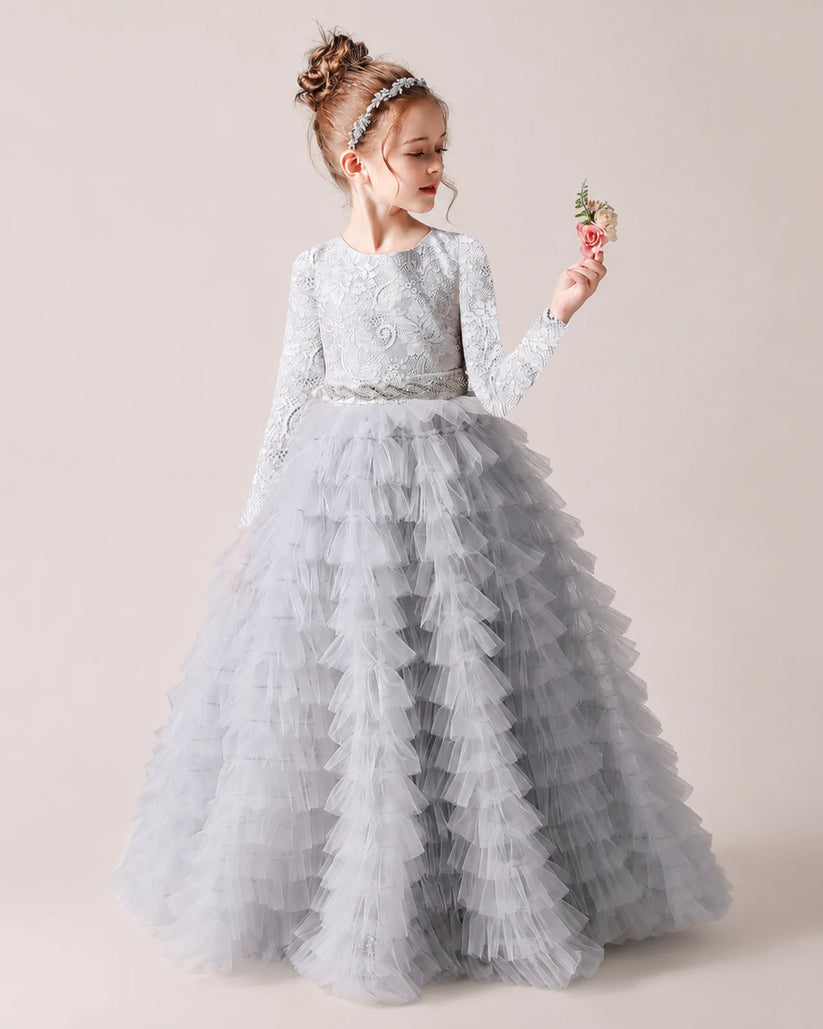 Silver Lace Ball Gown Pageant Dress Front View