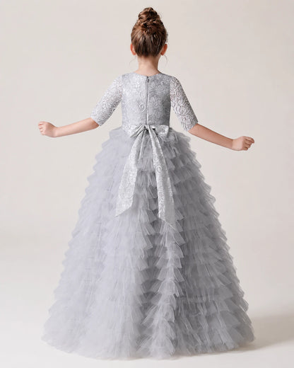 Silver Lace Ball Gown Pageant Dress Back View