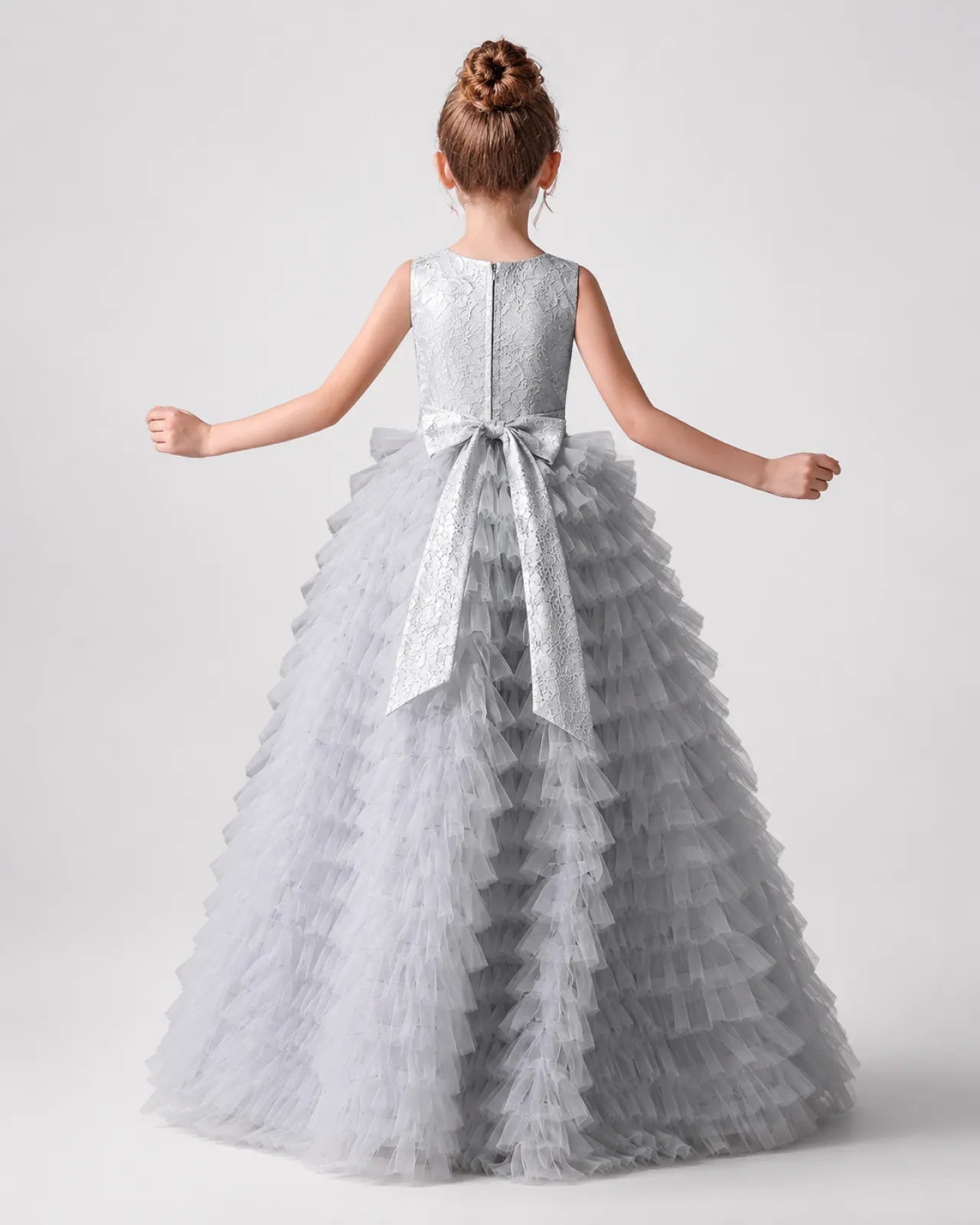Silver Tulle Ball Gown Girls Formal Dress Back View