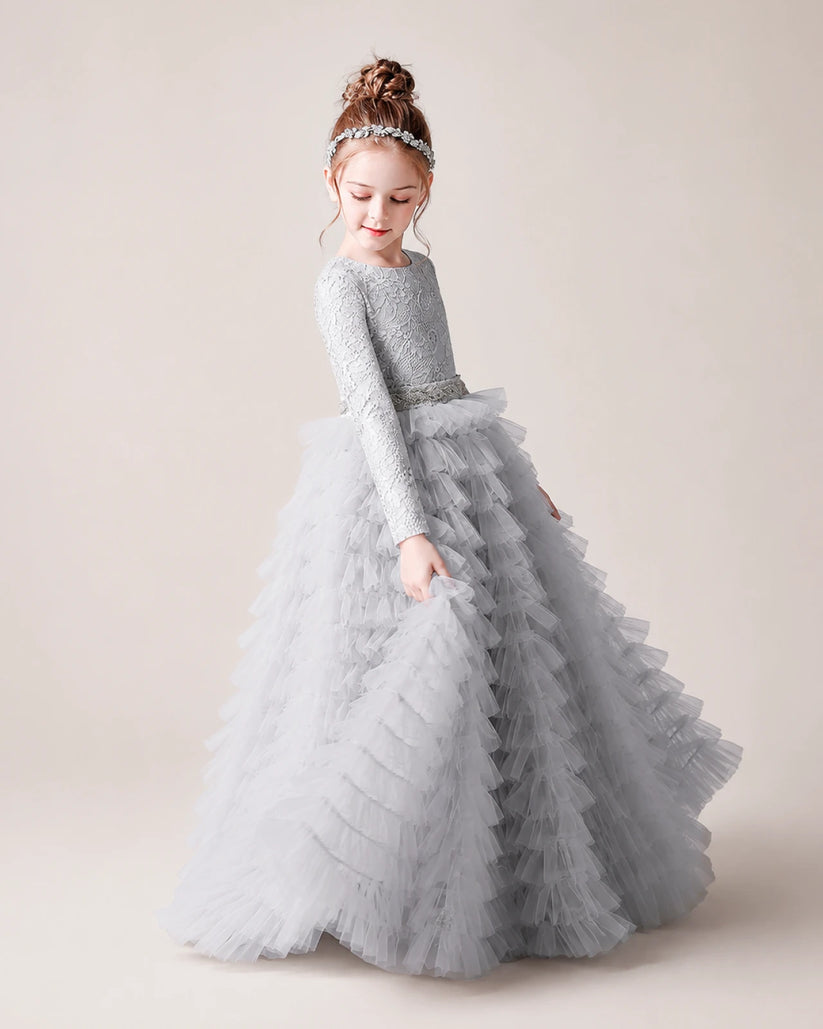 Silver Lace Ball Gown Pageant Dress Front View