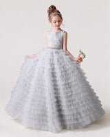 Silver Tulle Ball Gown Girls Formal Dress Front View