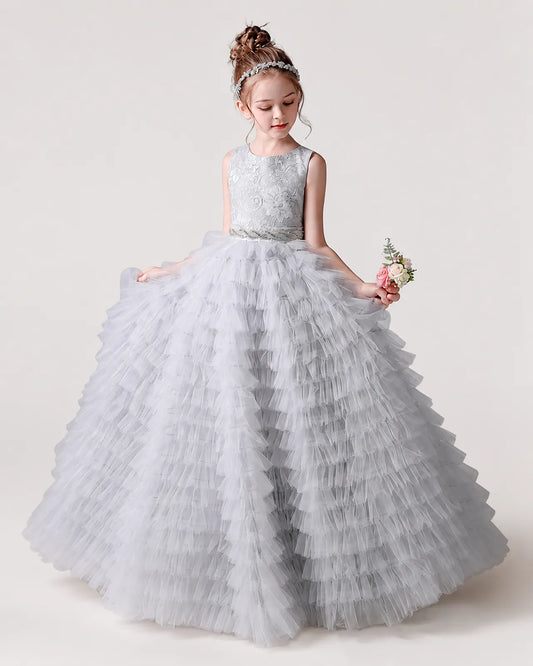 Silver Tulle Ball Gown Girls Formal Dress Front View