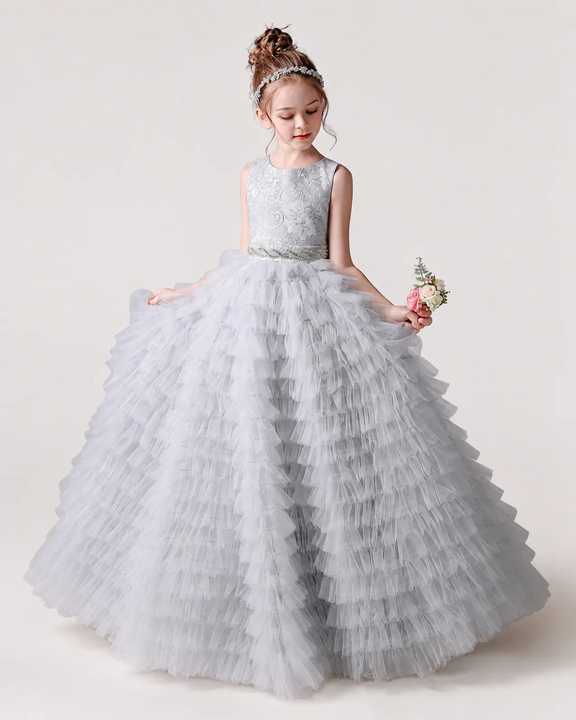 Silver Tulle Ball Gown Girls Formal Dress Front View
