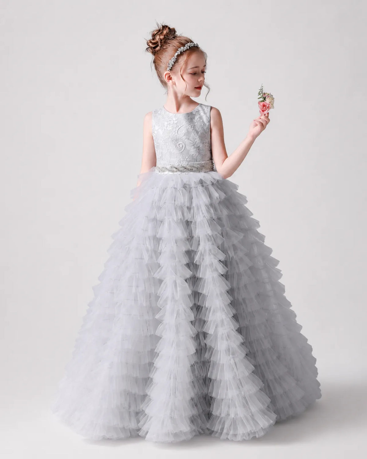 Silver Tulle Ball Gown Girls Formal Dress Side View