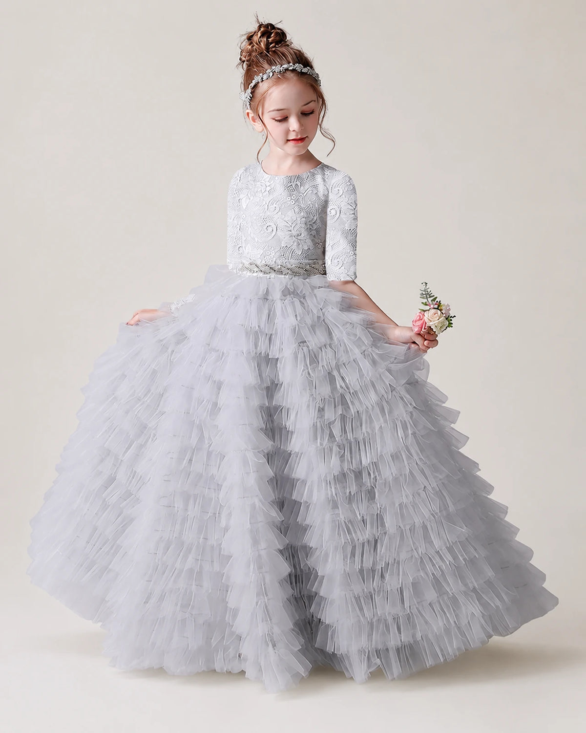 Silver Lace Ball Gown Pageant Dress Front View