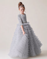 Silver Lace Ball Gown Pageant Dress Front View