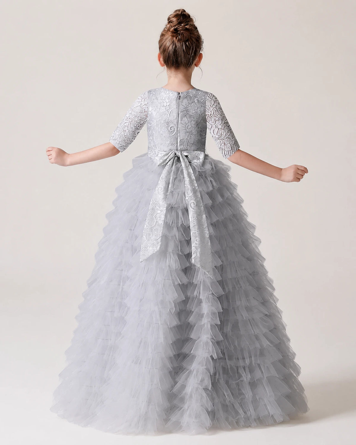 Silver Lace Ball Gown Pageant Dress Back View