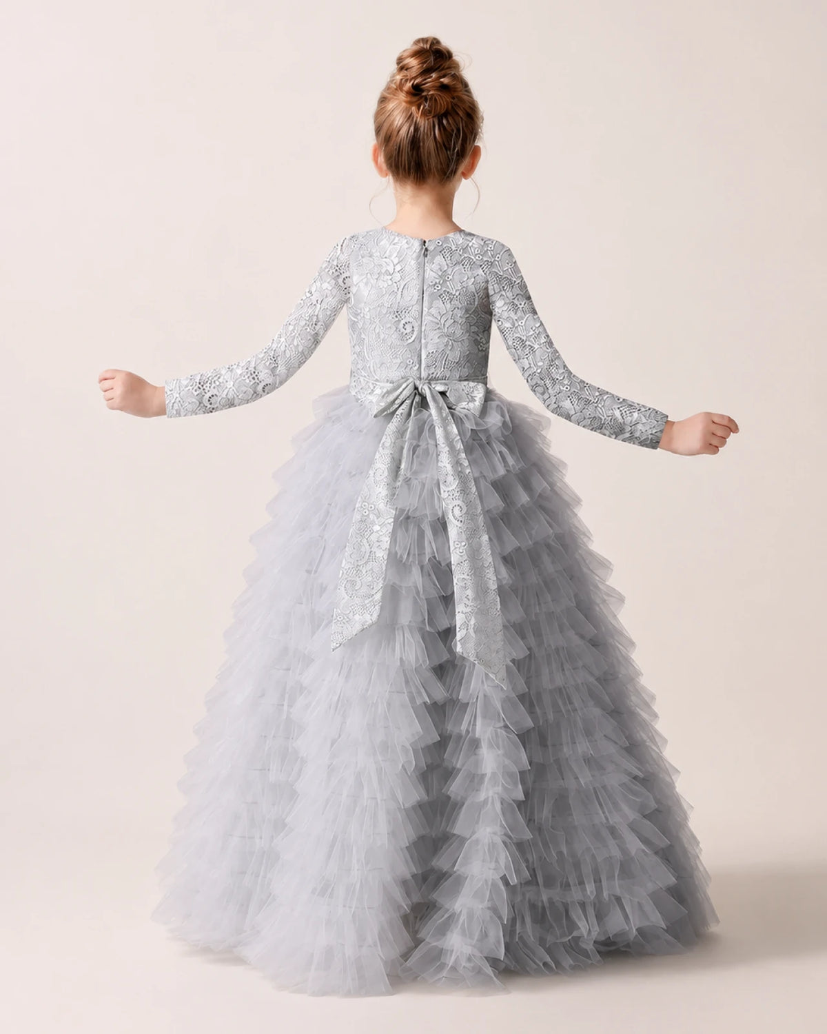 Silver Lace Ball Gown Pageant Dress Back View