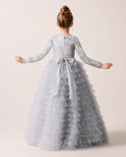 Silver Lace Ball Gown Pageant Dress Back View