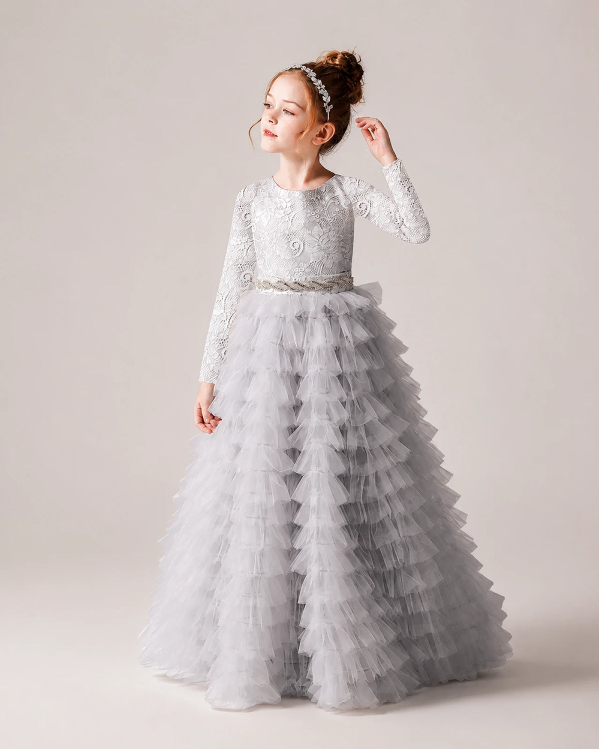 Silver Tulle Ball Gown Pageant Dress Front View