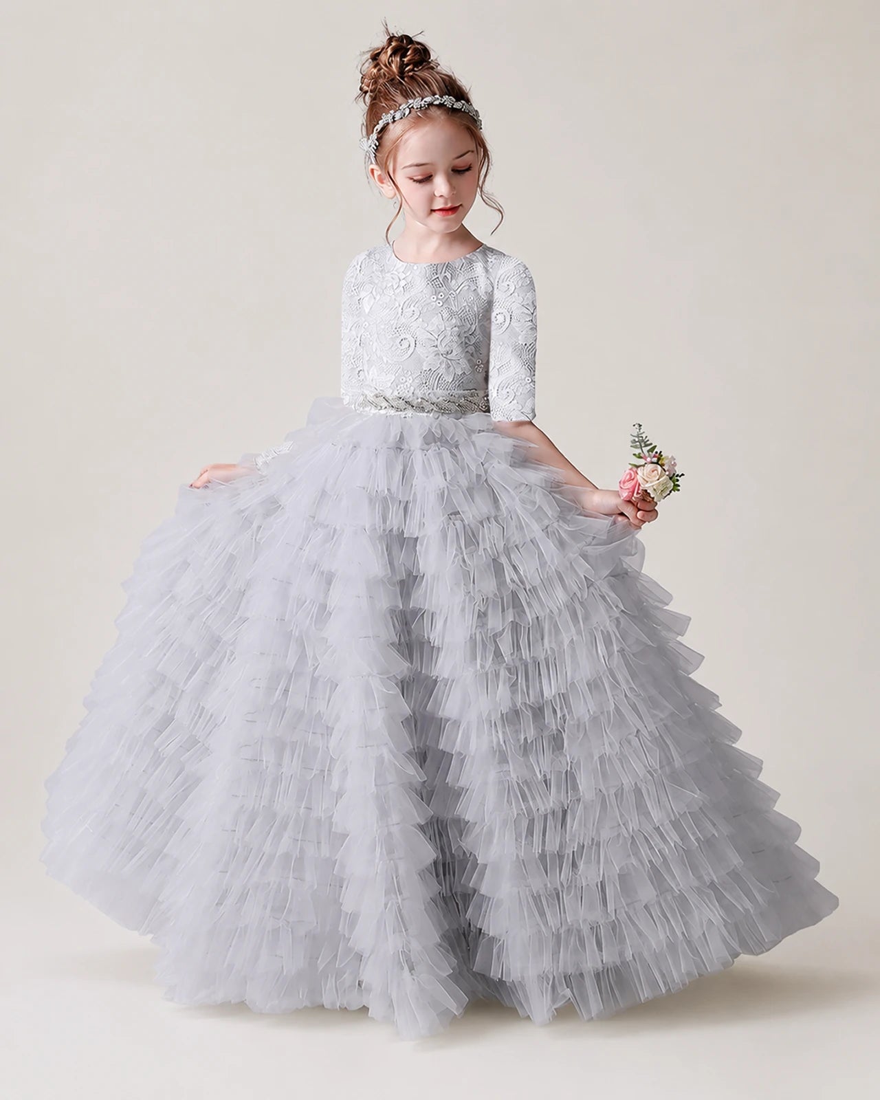 Grey Lace Ball Gown Pageant Dress Front View