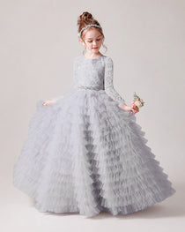 Silver Front Tiered Long Sleeve Flower Girl Dress