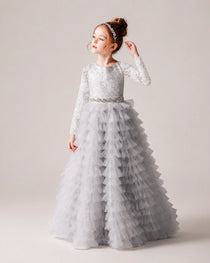 Silver Front Tiered Long Sleeve Flower Girl Dress