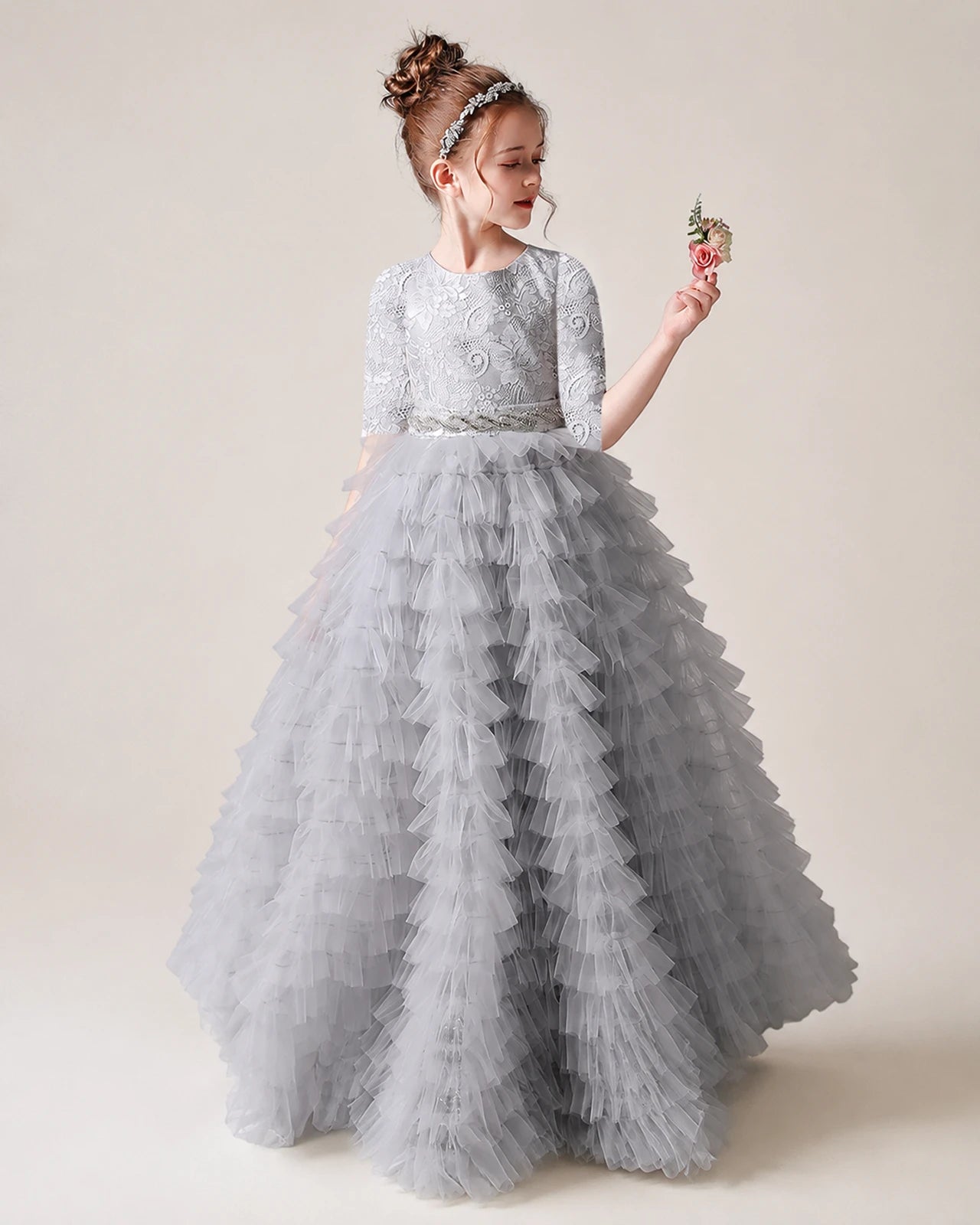Silver Lace Ball Gown Pageant Dress Front View